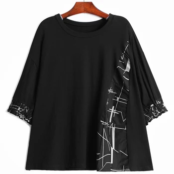 [EAM] Ženy Sivý Vzor Vytlačené Veľkými rozmermi, T-shirt Nové Kolo Krku Tri štvrtiny Rukáv Fashion Príliv Jar Leto 2021 1DD7953