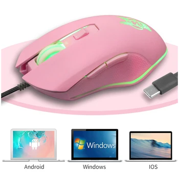 Ružová Cartoon LED Svetlo, USB Káblové Gaming Mouse Type-C Myší 2400DPI Optical Sensor 6 Nezávisle Tlačidlá Pre Notebook PC Gamer