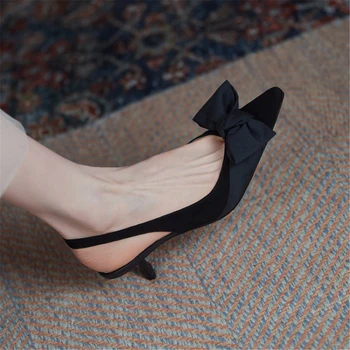 Kmeioo lete sladké topánky pre ženy pointy prst zadný popruh sandále bowtie mačiatko päty pre šaty pravej kože mačiatka