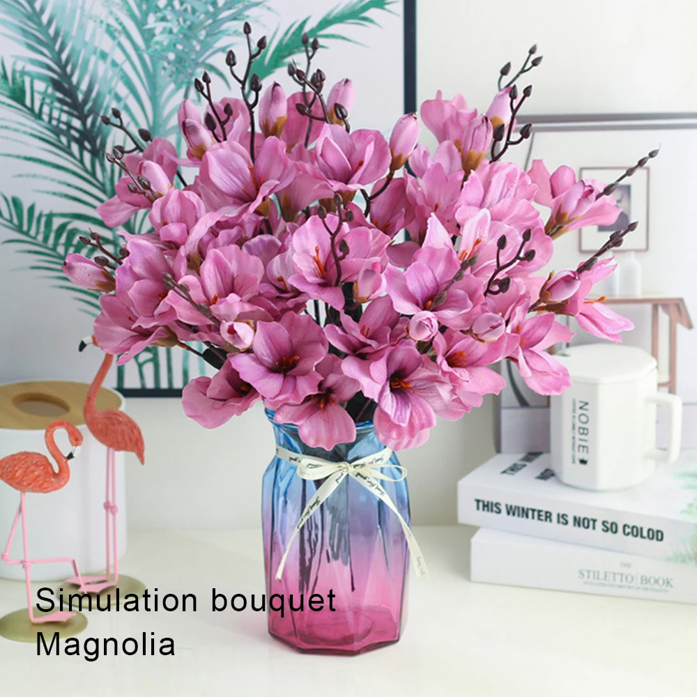 1 Kytice Simulácia Magnolia Kvet Hodvábnej Látky Kvetinové Svadobné Kytice Falošné Zelene Kvet Usporiadanie Pracovnej Plochy Váza Dekor