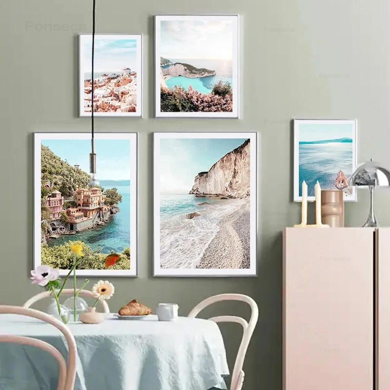 Francúzsko Grécko Seascape Plagát Stredomorskej Architektúre Mora Pláž Prírodnej Krajiny Plátno Na Maľovanie Na Stenu Umenie Obrázok Izba Dekor