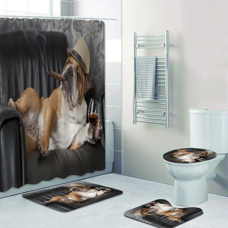 Cool Fajčenie anglický Buldog 3D Kúpeľni Sprchový Záves Kúpeľňa Záclony Nastaviť na Záchod Vaňa Koberec Koberec Bull Dog s Cigaru Klobúk