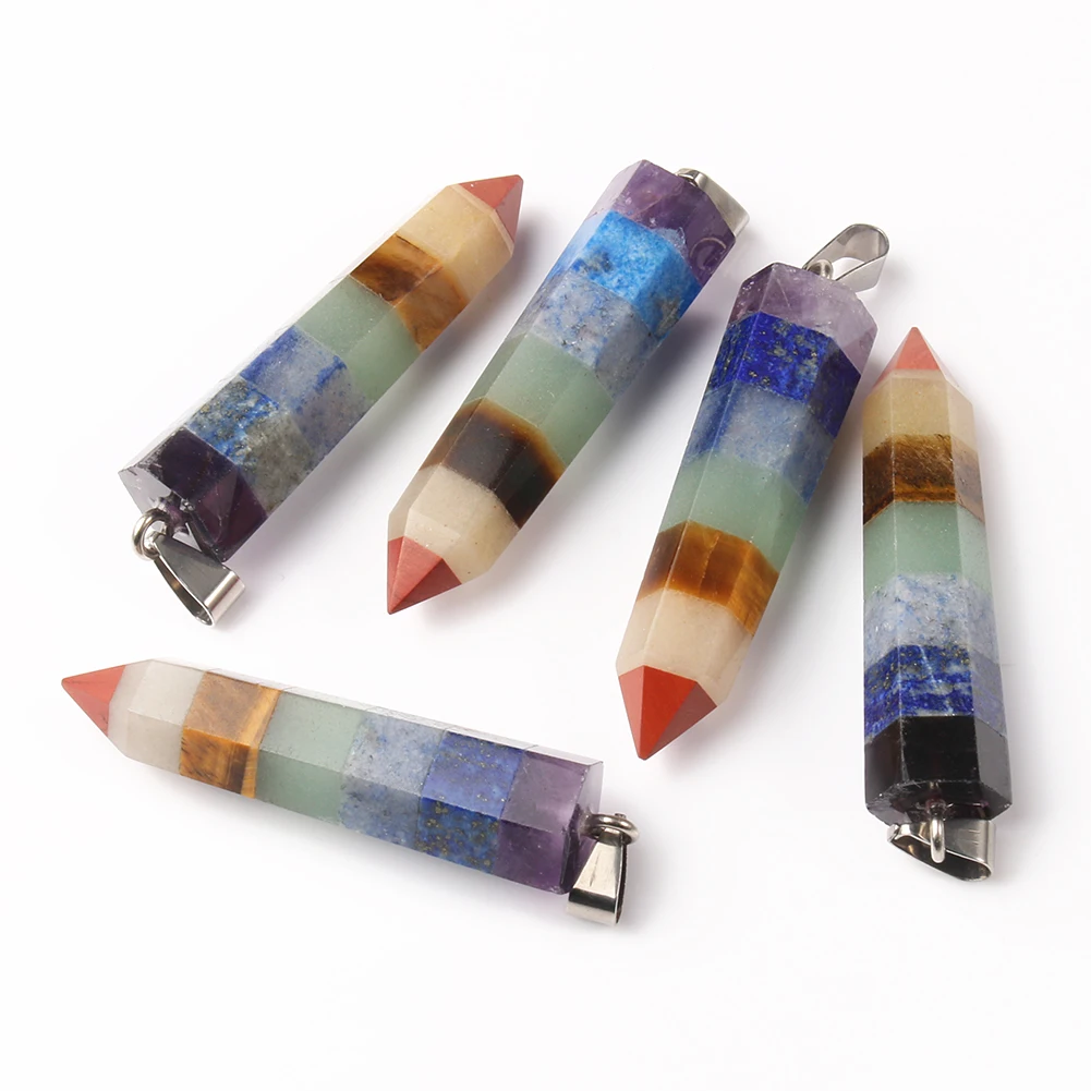 Prírodný Kameň Vrstvený Rainbow 7 Čakra Valec Prism Bullet Tvar Kúziel pre Šperky, Takže DIY Prívesky, Náhrdelníky Príslušenstvo