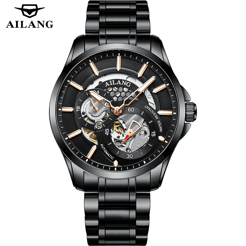 Luxusné AILANG Black Prípade Pánske Hodinky z Nerezovej Ocele, Remienok Pánske Automatické Mechanické Náramkové hodinky Relogio Masculino 2021 NOVÉ