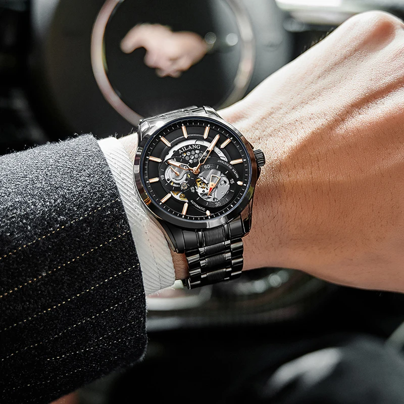 Luxusné AILANG Black Prípade Pánske Hodinky z Nerezovej Ocele, Remienok Pánske Automatické Mechanické Náramkové hodinky Relogio Masculino 2021 NOVÉ