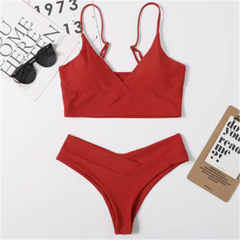 Sexy bikiny dámske jednofarebné plavky vysoký pás plavky vesta brazílsky pevné bikini beach plavky vyhovovali červená