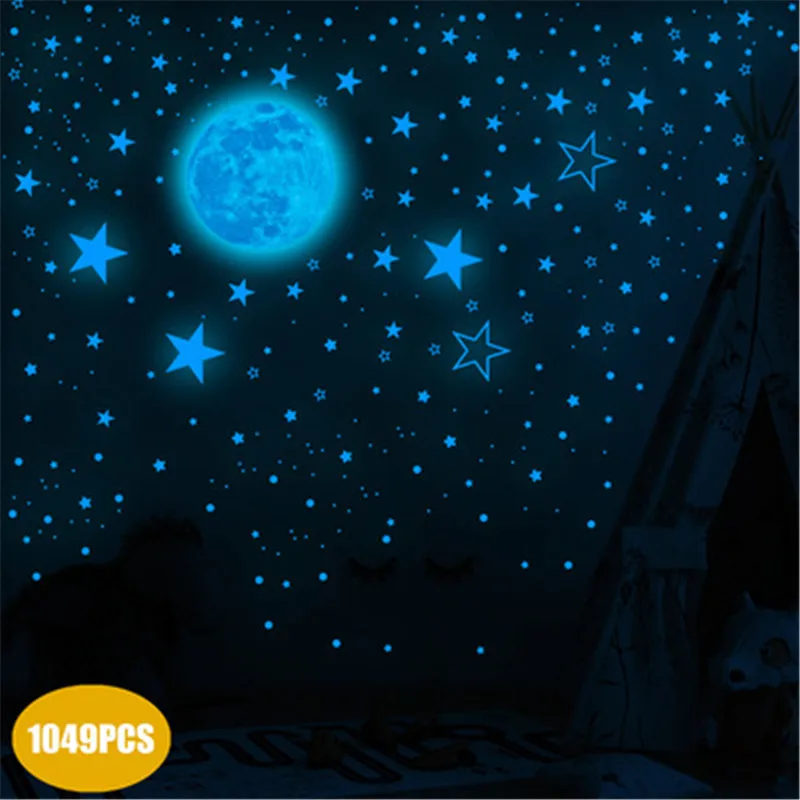 Žiarivkové Svetlo Modrý Mesiac, Hviezdy Svietiace Nálepky Na Stenu Deti Spálne Dekorácie Žiary V Tmavo Modrej Hviezdy Nálepky Pegatina De Porovnanie