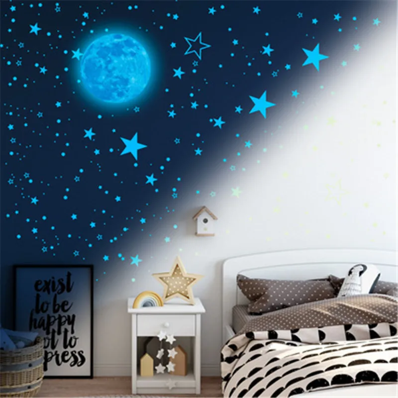 Žiarivkové Svetlo Modrý Mesiac, Hviezdy Svietiace Nálepky Na Stenu Deti Spálne Dekorácie Žiary V Tmavo Modrej Hviezdy Nálepky Pegatina De Porovnanie