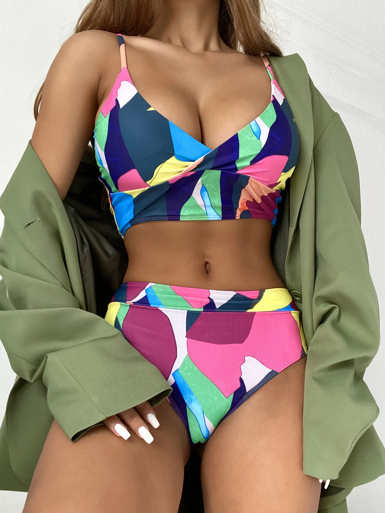 Sexy Farebné S Pásom Ženské Plavky Vysoký Pás Bikini 2021 Ženy Plavky Dva kusy Bikini set Bather plavky Plávať