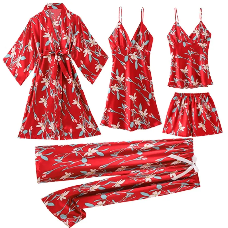Printed Flower Pajamas Suit Women Sexy Kimono Robe Gown Sets Satin Ice Silk Sleepwear V-Neck Spring New Pyjamas Rayon Home Wear