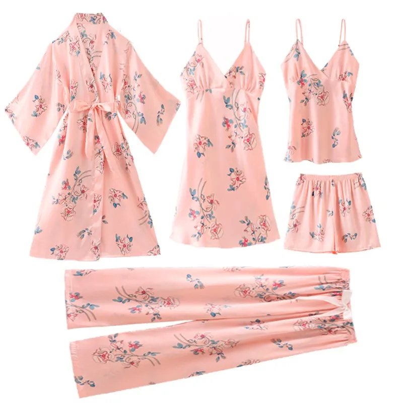 Printed Flower Pajamas Suit Women Sexy Kimono Robe Gown Sets Satin Ice Silk Sleepwear V-Neck Spring New Pyjamas Rayon Home Wear