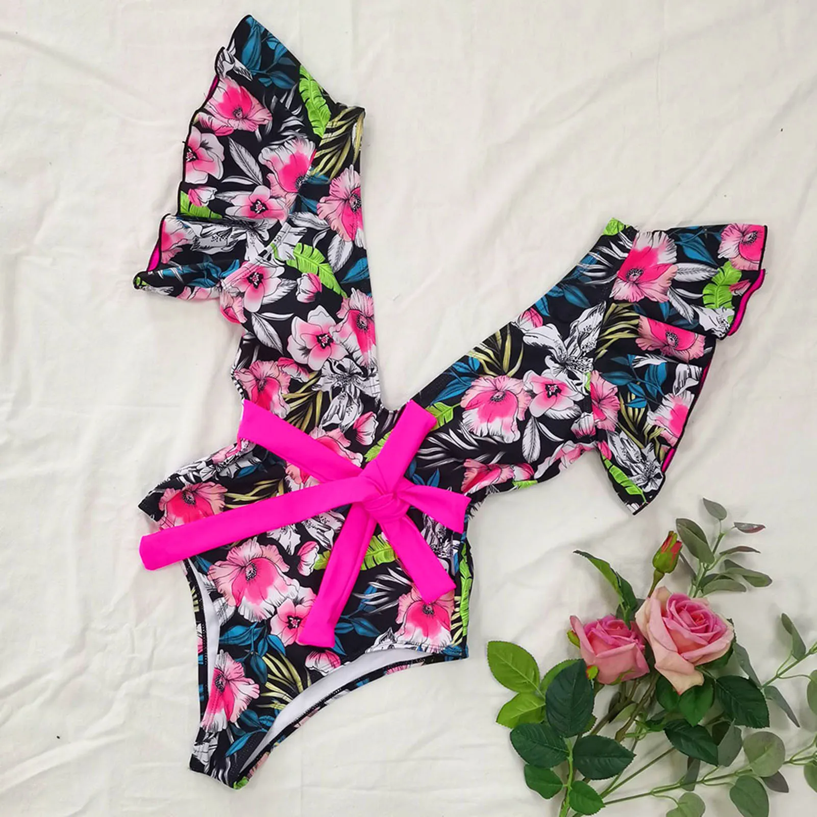Kvetinový Rozstrapatené Lem Bikini Set Ženy Flóry Tvaru S Vysokým V Strede Zúžený Jednodielne Plavky 2021 Dievča Pláž, Kúpanie Oblek Plavky Biquinis