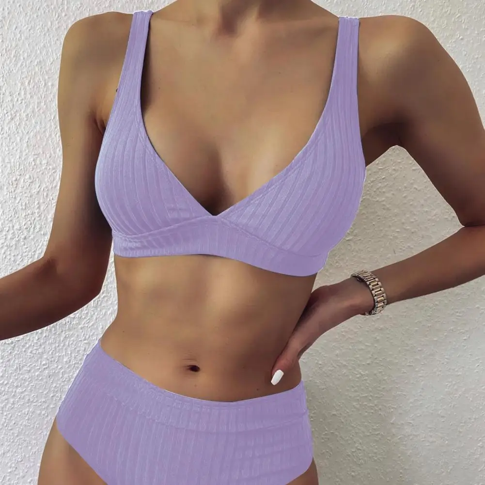 Bikini Set Farbou Hlboko V Krku Dva Kusy Nastaviť Ženy Rebrovaný Podprsenku, Nohavičky Plavky na Leto