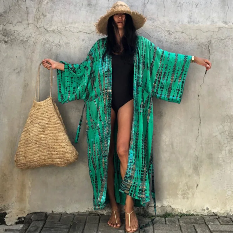 Kimonos Lete 2021 Boho Zelená Tlač Kaftane Hodvábne Šaty Bežné Župan Voľné Bežné Bikini Beach Zakryť Ženy Plaviek