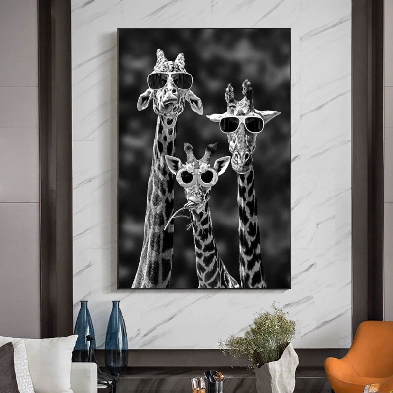 Zábavné Umenie Žirafy s Okuliare Plagáty a Vytlačí Čiernej a Bielej Zvieratá Plátne, Obrazy na Stenu, Umenie Fotografie Cuadros