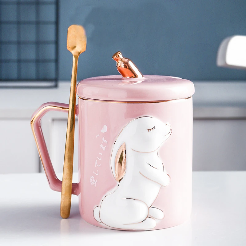 Cartoon králik vzor hrnček s lyžičkou veko Keramické Čajové Šálky Vody Drinkware darčeka na Valentína