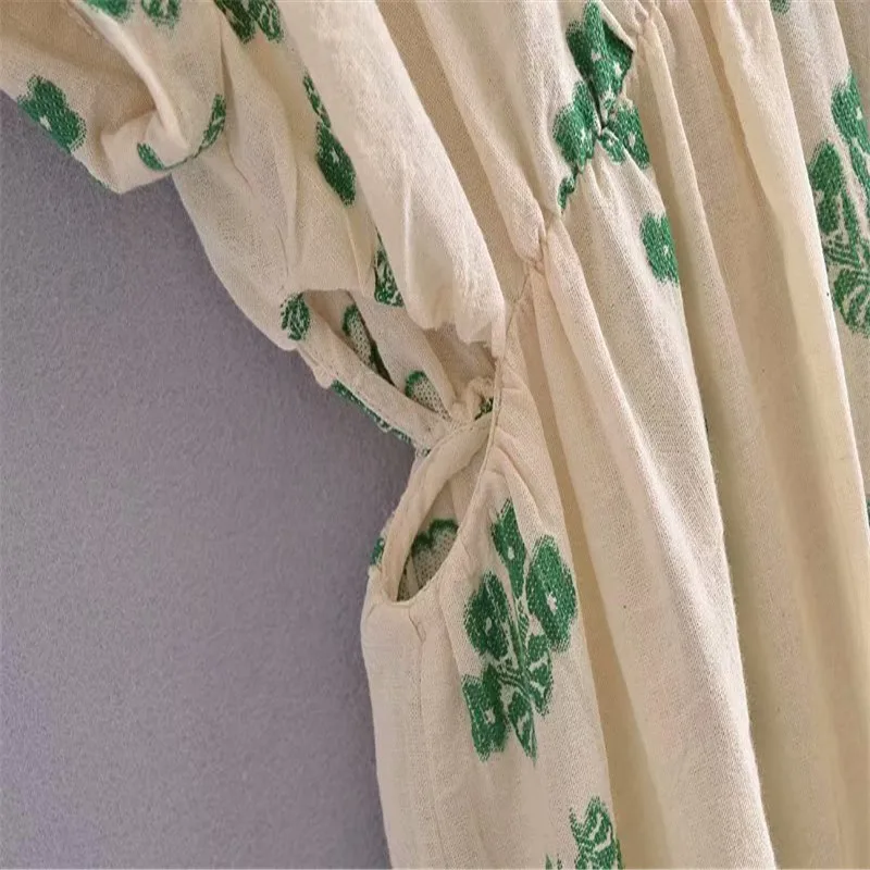 Za 2021 Letný Kvetinový Tlač Vystrihnúť Dlhé Šaty Ženy Krátke Rukáv V Krku Ruching Vintage Pláži Zelené Šaty Žena Vestidos