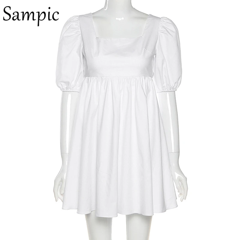 Sampic Vintage Sexy Bežné Námestie Krku, Krátke Lístkového Rukáv Žena Kawaii Šaty 2021 Jar Leto Biela Backless Mini Šaty