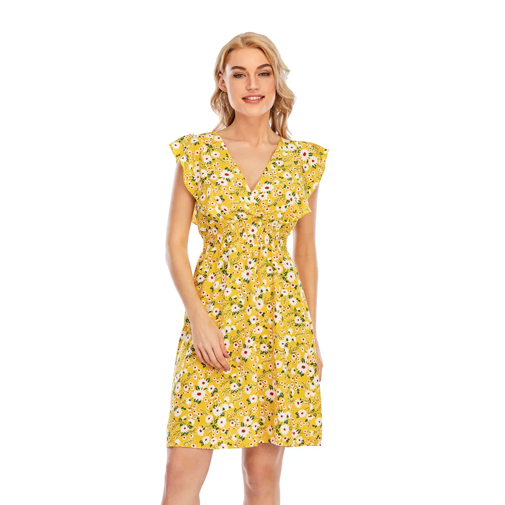 Dámy Sundress Sladké Šifón Mini Šaty Vintage Daisy Tlač Bez Rukávov Boho Plážové Šaty Žien Lete 2021 Bežné Šaty Vestidos
