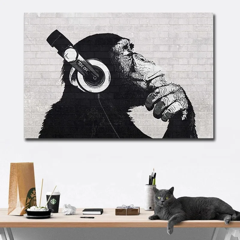 Hudba DJ Opice olejomaľby na Plátne Čierne a Biele Steny Umelecké Dekoratívne Obrazy pre Moderné bývanie Miestnosti Domova