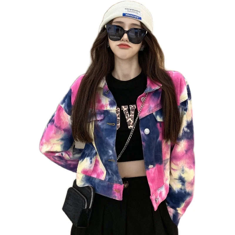 Kórejský Voľné Denim Jacket Žien 2021 Jar Jeseň tie Dye Krátka Bunda, Kabát Streetwear Módy vrchné oblečenie Harajuku Japonskej