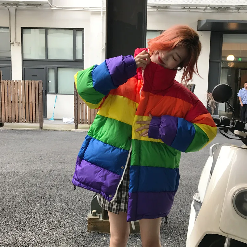 BBSET Harajuku Zimné Bežné Bunda Ženy Rainbow Skrčil Vetrovka Plus Veľkosť Voľné Pruhovaný Kabát Femme Chaqueta Mujer