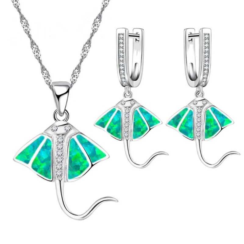 Kúzlo Letných Roztomilé Modré Imitácia Opal Dolphin Šperky Sady Pre Ženy Náhrdelník A Náušnice Nastavenie Strany Príslušenstvo Šperky Hot Predaj