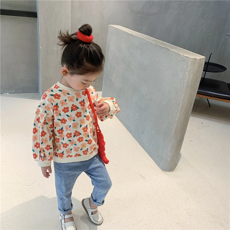 2021 Jar dievčatá módne kvetinový mikiny kórejský štýl detí bavlna roztomilý dlhý rukáv Topy, pulóvre
