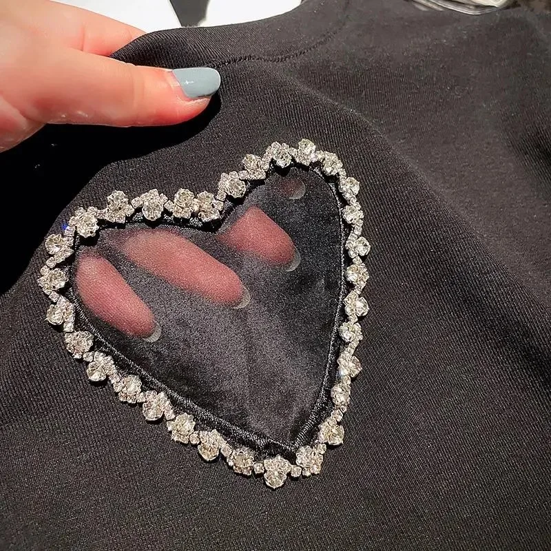 IHOBBY Ženy Bežné tričko Duté Sa Diamond Srdce Kolo Krku Voľné Všetkých Zápas Krátke Sleeve Tee kórejský Móda