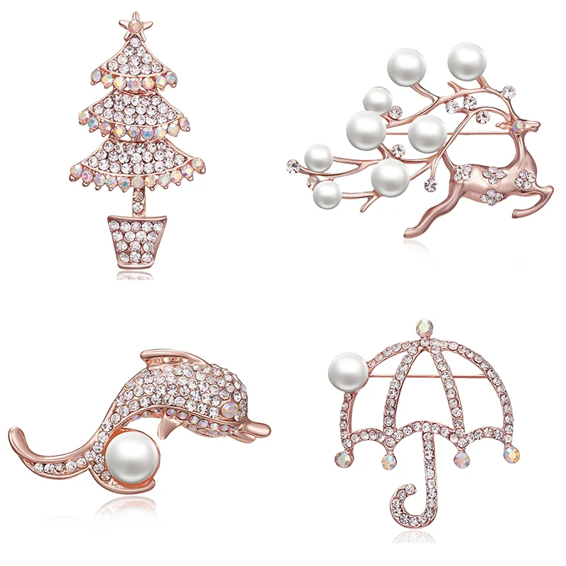 Rinhoo rose gold Vianočný stromček elk dolphin Brošne Drahokamu pearl dáždnik zliatiny brošňa pin módne šperky darček pre ženy