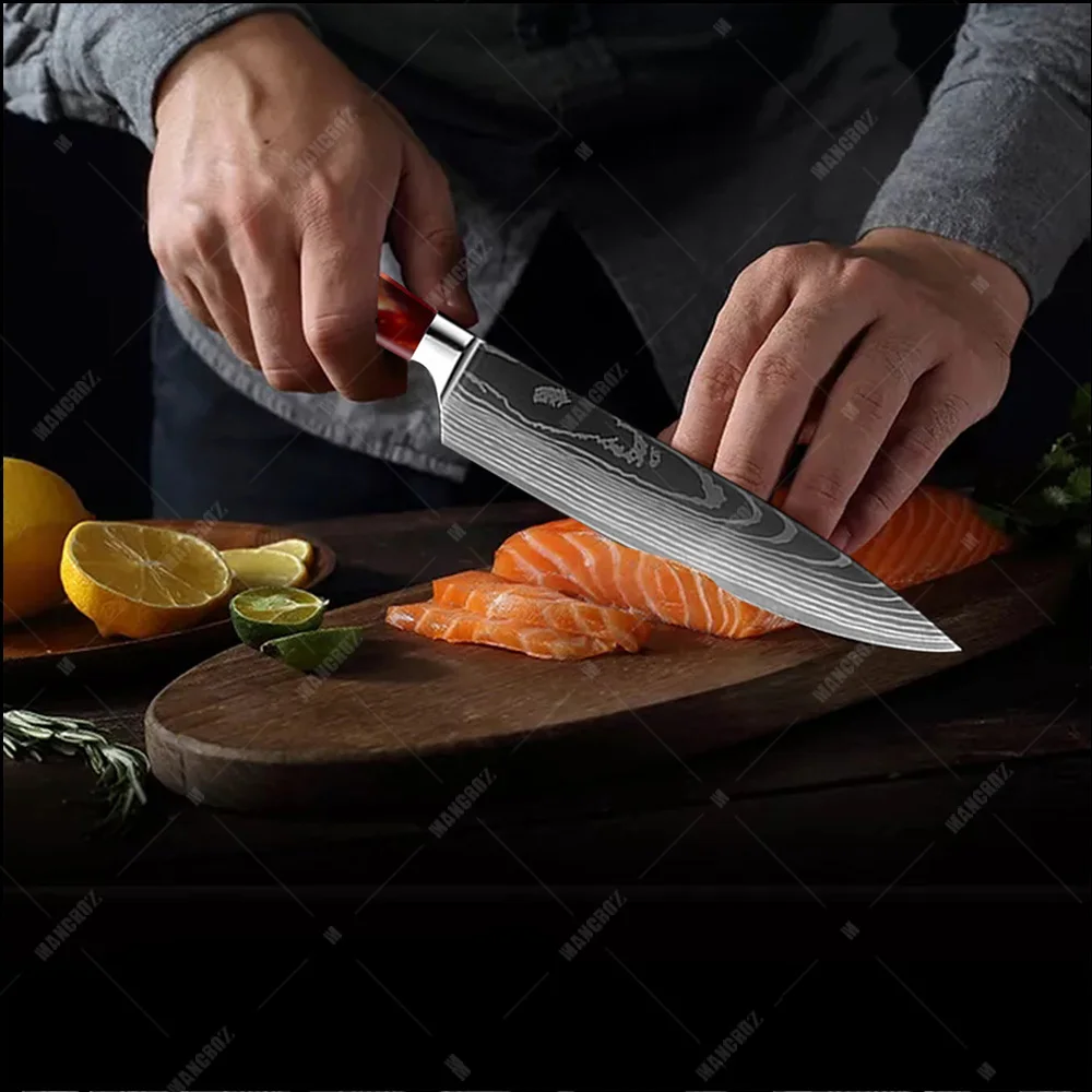 MANCROZ Japonský Utility Kuchynské Nože Nastaviť Živice Rukoväť Laser Damasku Vzor Kuchár Ostrý Nôž Santoku Sekáčik Krájanie, Nože