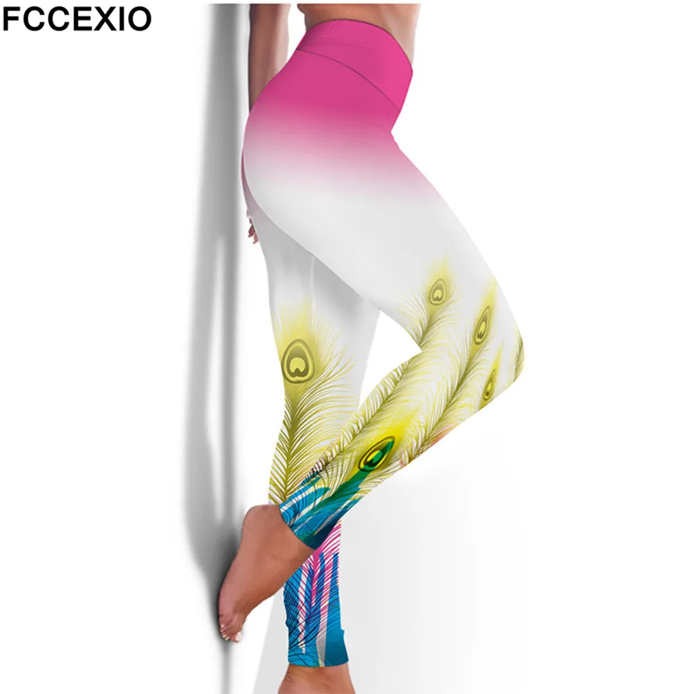 FCCEXIO Vysoký Pás Fitness Elastické Legíny Páva Vtáčie Pierko, 3D Tlač Sexy Plus Veľkosť Leggins Príležitostné Cvičenie Športové Nohavice