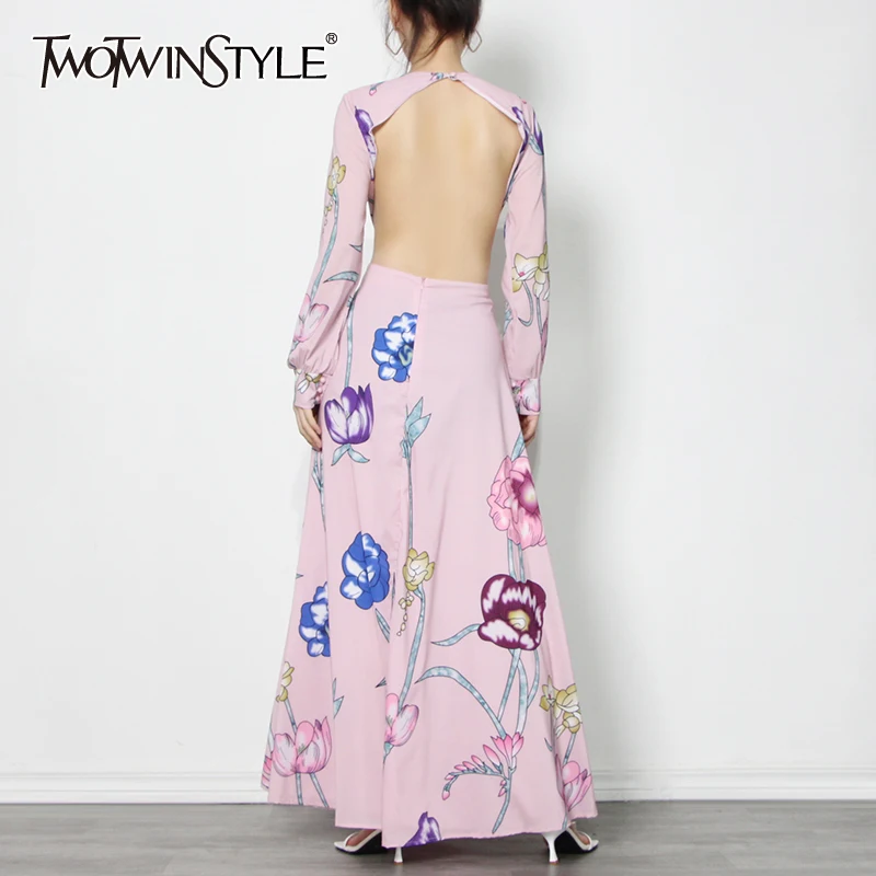 TWOTWINSTYLE Backless Vintage Šaty Pre Ženy O Krk Dlhý Rukáv Vysoký Pás Tlač na Kvetinový Slim Šaty Ženskej Módy Nové 2021