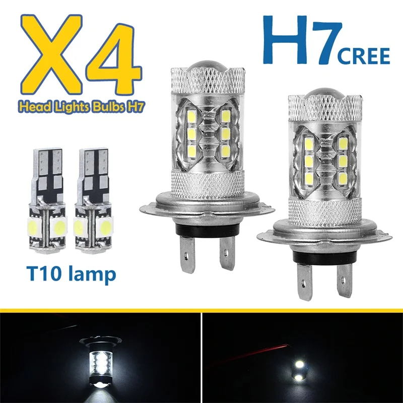 H7 Biele LED Reflektor H7 CREE Čipom Xenon Super Halogénové Hmlové Žiarovky Hid Klasu 12V 501 Strane svetla 6000K 2KS H7 + 2 KS T10 Svetlo