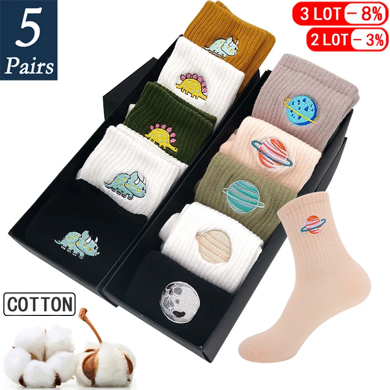 5 Párov Žien Bavlna Zábavné Ponožky Módne Dinosaura Planéty Výšivky Šťastný Ponožky Jar Jeseň Cartoon Čierna Biela Roztomilý Posádky Ponožky