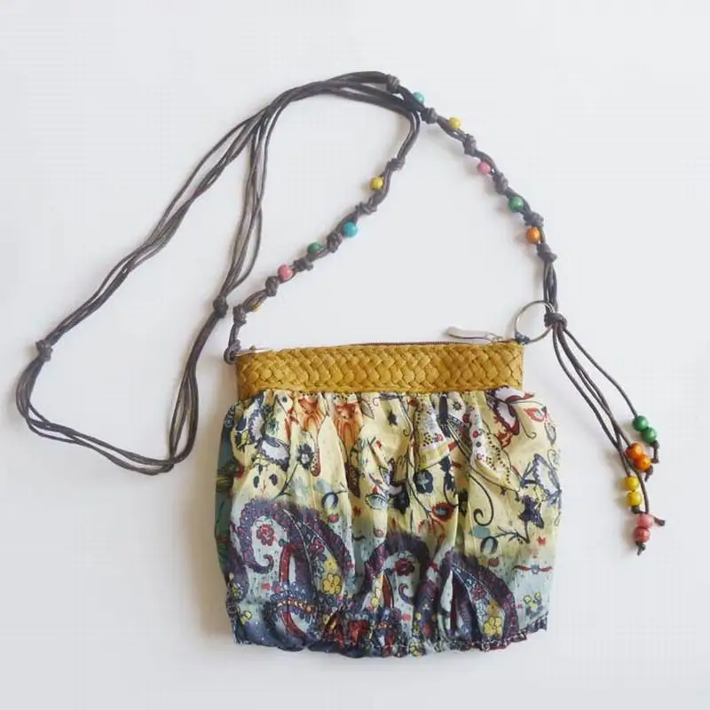 Móda lacné bohemia slamy taška candy farby, bavlnené dámske kabelky rustikálny plážové tašky ročník cross body malé messenger taška