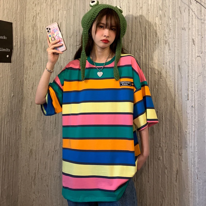 DAYIFUN 2021 Rainbow Prekladané Ženy T-shirt Nadrozmerné Streetwear Lete Unisex Krátke Rukáv Fashion Harajuku Kawaii Voľné Topy