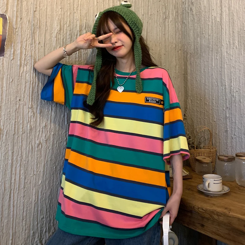 DAYIFUN 2021 Rainbow Prekladané Ženy T-shirt Nadrozmerné Streetwear Lete Unisex Krátke Rukáv Fashion Harajuku Kawaii Voľné Topy