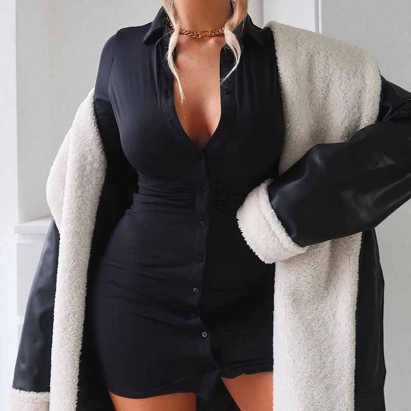 SVOKOR Ruched Čierne Ženy Šaty Francúzsko Elegantný Módy Zase Dole Golier Tlačidlo Up Sexy Mini Šaty Za Shein Dámy Street Oblečenie