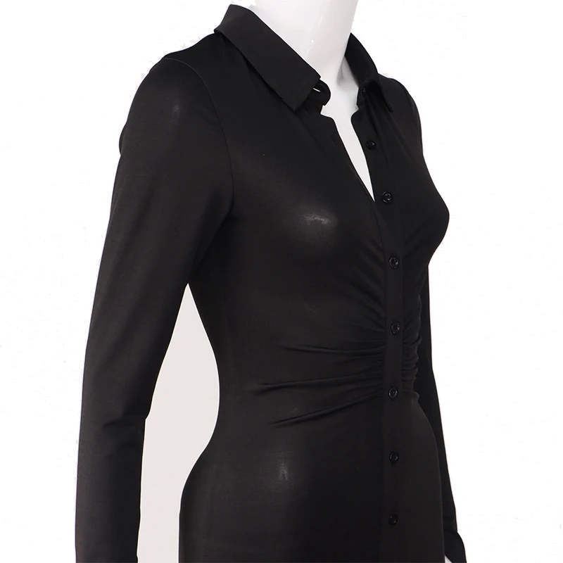 SVOKOR Ruched Čierne Ženy Šaty Francúzsko Elegantný Módy Zase Dole Golier Tlačidlo Up Sexy Mini Šaty Za Shein Dámy Street Oblečenie