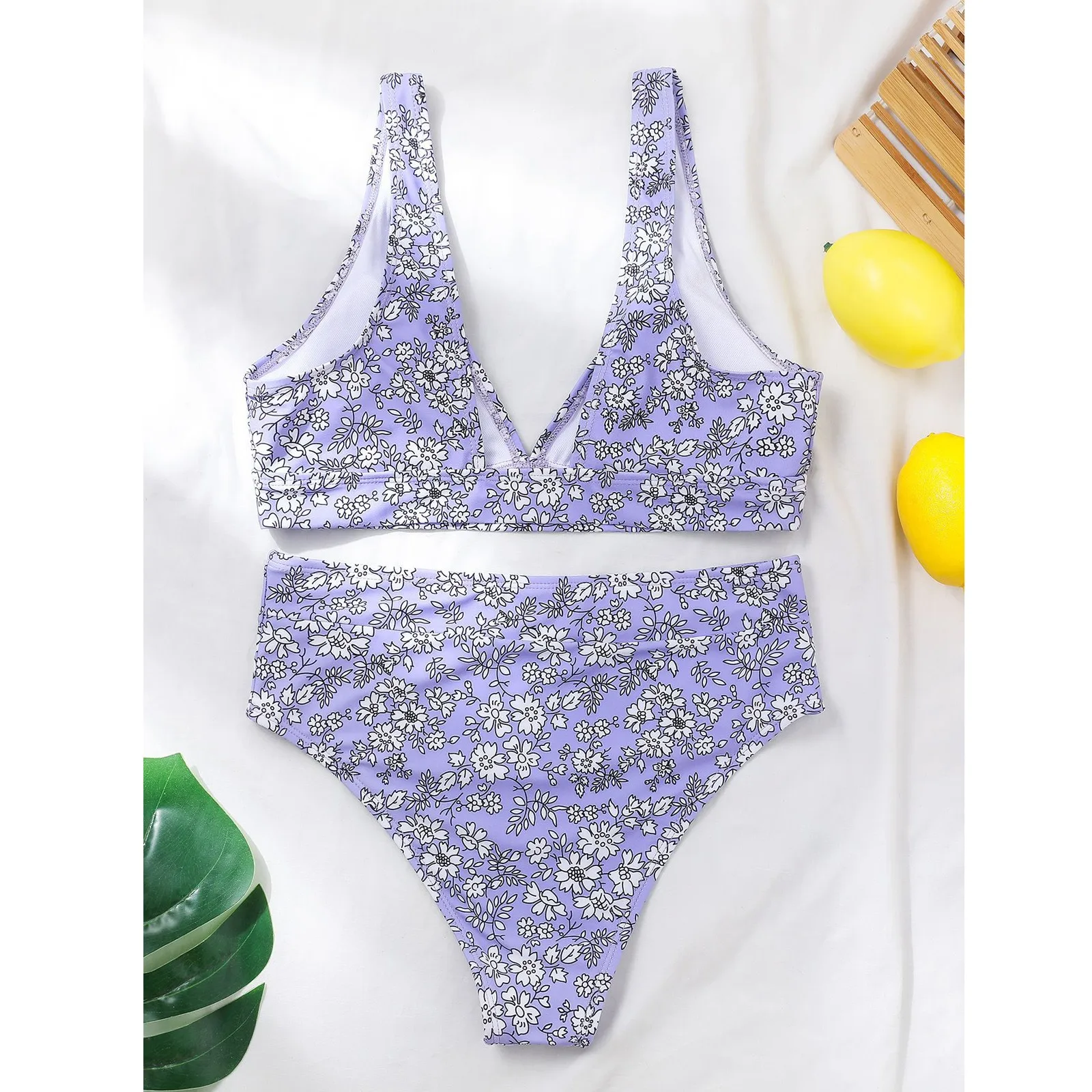 Malé kvetinové Vytlačené Ženy Plavky 2021 Lete Vysoký pás bazén Pláži Plavky dvojdielne Oddeľuje Sexy Fialová Lady plavky