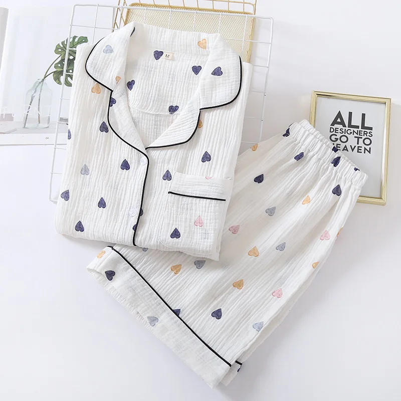 Japonský lete nové dámske bavlnené gázy krátke pyžamo šortky vyhovovali roztomilý v tvare srdca tenké časti domov služby vyhovovali žena