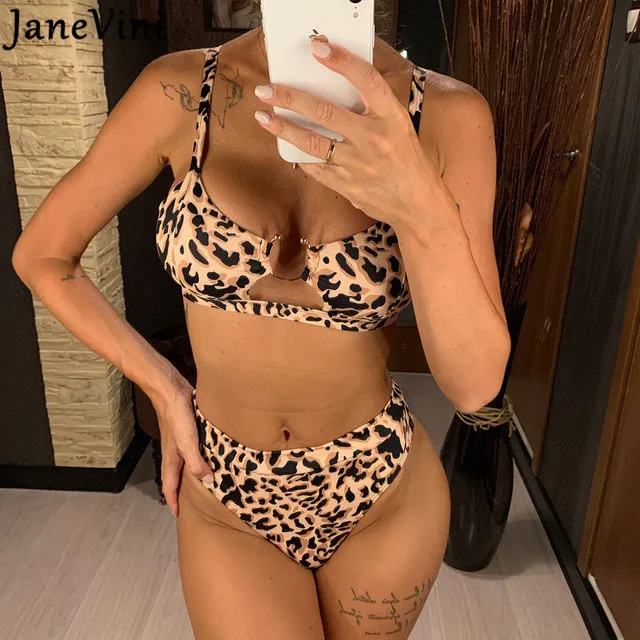 JaneVini Sexy Leopard Plavky Žena 2020 Dve Kus Vysoký V Strede Zúžený Plavky Čierne Bikiny Nastaviť Dievča Pláži Plavky Žena Tanga