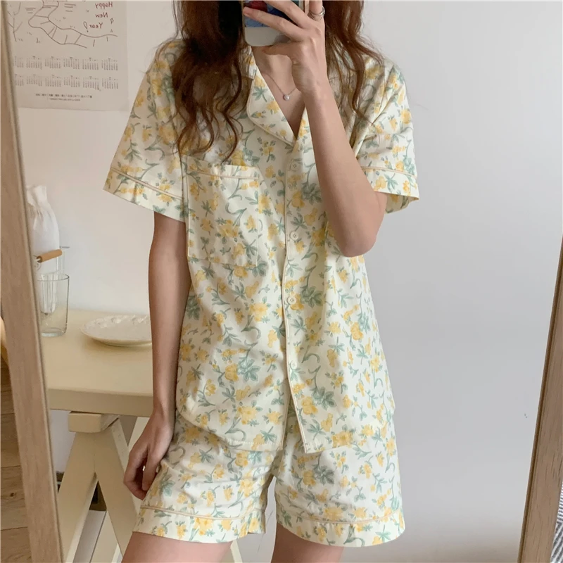 CBAFU kvetinový tlač pajama ženy sleepwear 2 dielna sada domáce oblečenie tenké voľné singel svojim top+šortky sladké sleepwear N038