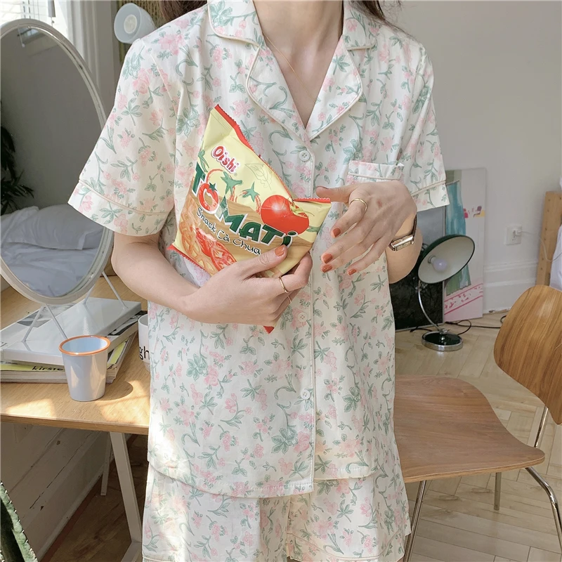 CBAFU kvetinový tlač pajama ženy sleepwear 2 dielna sada domáce oblečenie tenké voľné singel svojim top+šortky sladké sleepwear N038