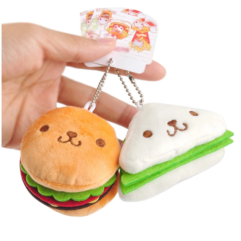 Kawaii Hamburger Sandwich Plyšové Hračky Roztomilý Kreslený Anime Mäkké Plyšové Hračky Kľúč Reťazca Krúžok Taška Prívesok Oblečenie pre Bábiky Darček pre Dievčatá