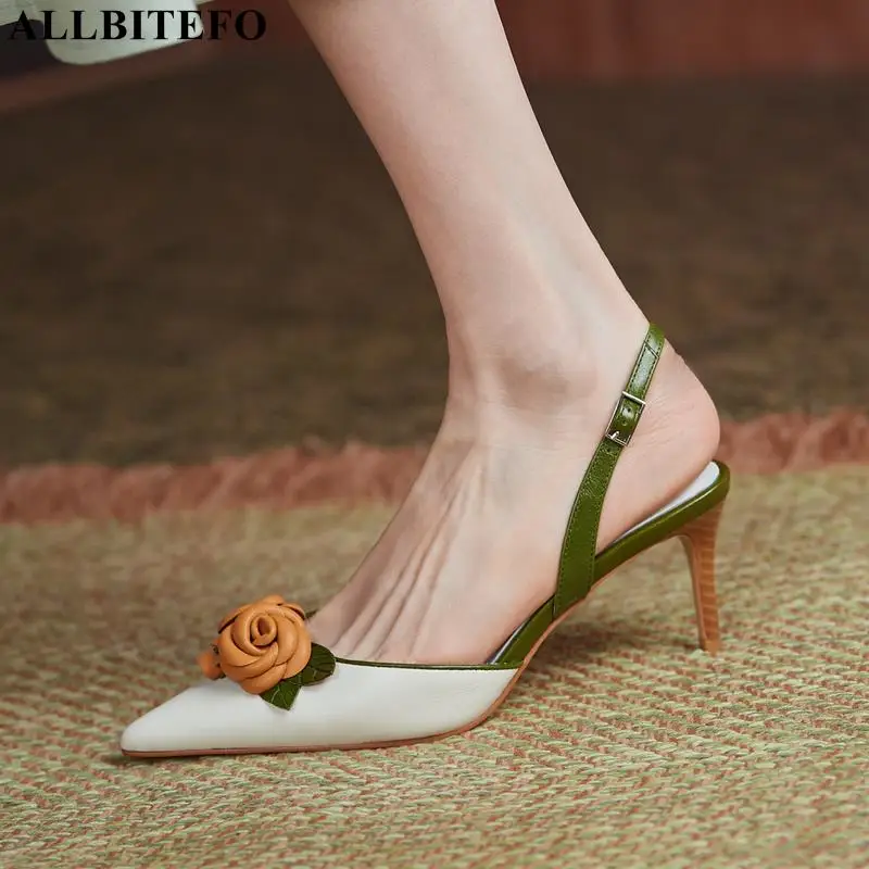 ALLBITEFO kvet dizajn ovčej stielka pravej kože ženy, módne sandále Vystaviť päty ženy podpätky vysoké päty topánky
