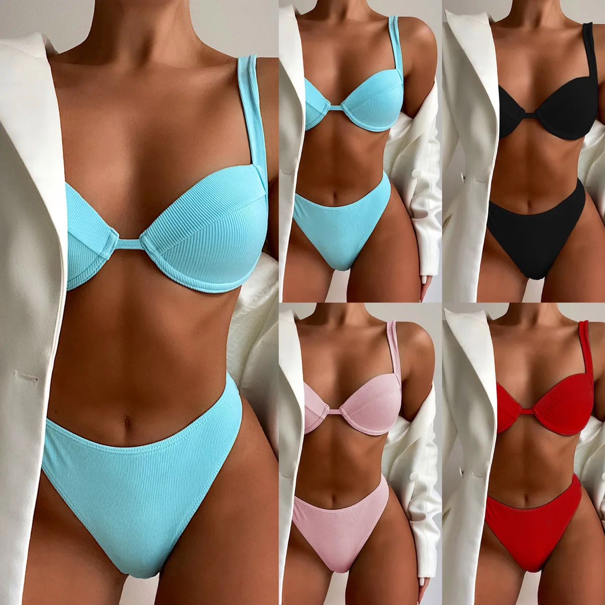 Sexy Plavky, Ženy, Nový Pevný Pohár Bikini High-v strede zúžený Pevné-farebné 2 Kusy plavky Ženy Dizajnér Plávanie Oblek pre Ženy