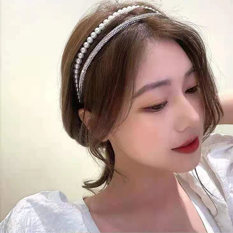 Kórejský Štýl Retro Lady Dvojité Pearl Hairband Žien Diamond Tenký Okraj Temperament Hairband Farba Anti Slip hlavový most Šperky