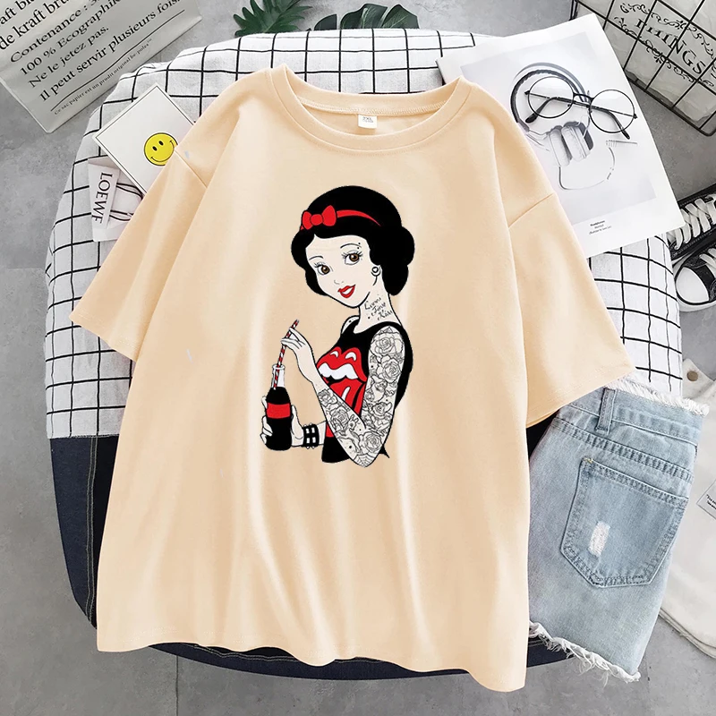 Alenka V ríši Divov T Shirt Ženy Topy Black Alice Snow White Princezná Tlač Bežné Krátky Rukáv 90. rokov Móde T-shirt Femme